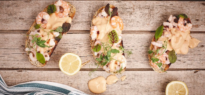 Prawn and Marie Rose open sandwich on Organic Ancient Grains Sourdough